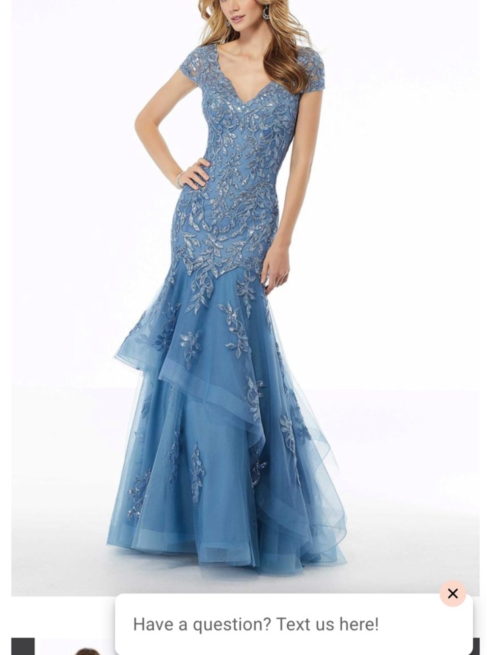 Mori Lee Sky Blue Embroidered Mermaid Gown with Cap Sleeves